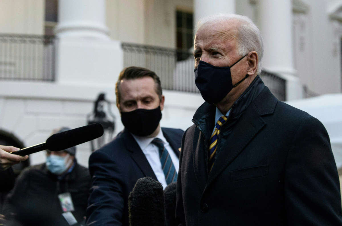 President Biden speaks to the press before departing the White House in Washington, D.C., on February 16, 2021.