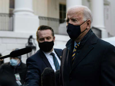 President Biden speaks to the press before departing the White House in Washington, D.C., on February 16, 2021.