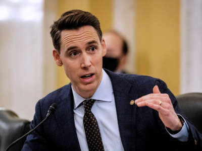 Sen. Josh Hawley asks questions during a confirmation hearing before the Senate Small Business and Entrepreneurship Committee on February 3, 2021, in Washington, D.C.