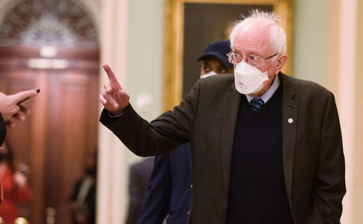 Sen. Bernie Sanders heads to the senate chamber in the U.S. Capitol in Washington, D.C. on February 13, 2021.