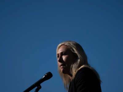 Rep. Marjorie Taylor Greene speaks during a press conference outside the U.S. Capitol on February 5, 2021, in Washington, D.C.