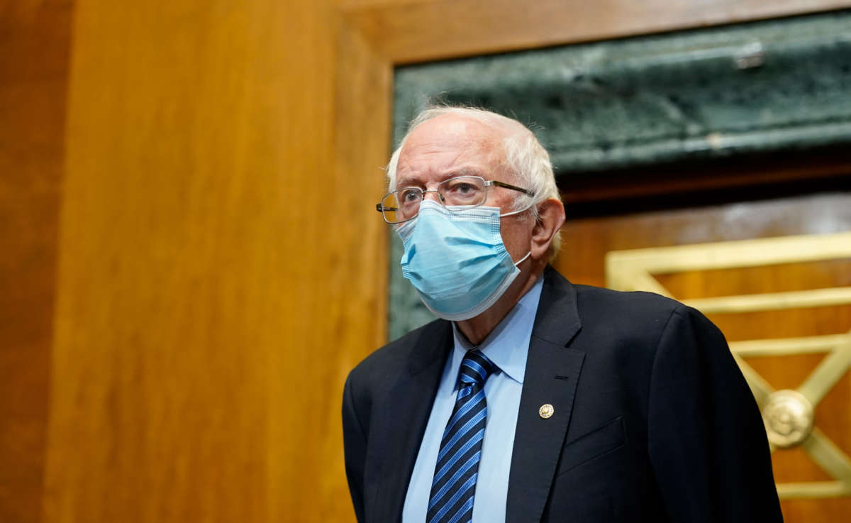 Senate Budget Committee Chairman Sen. Bernie Sanders arrives for a hearing on Capitol Hill examining wages at large profitable corporations on February 25, 2021, in Washington, D.C.