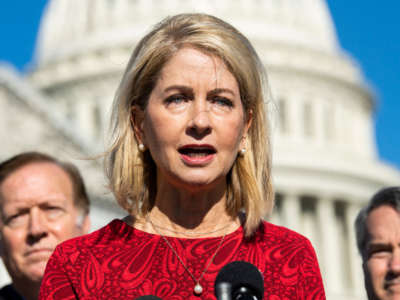 Rep. Mary Miller conducts a news conference with members of the House Freedom Caucus outside the Capitol to oppose the Equality Act on February 25, 2021.
