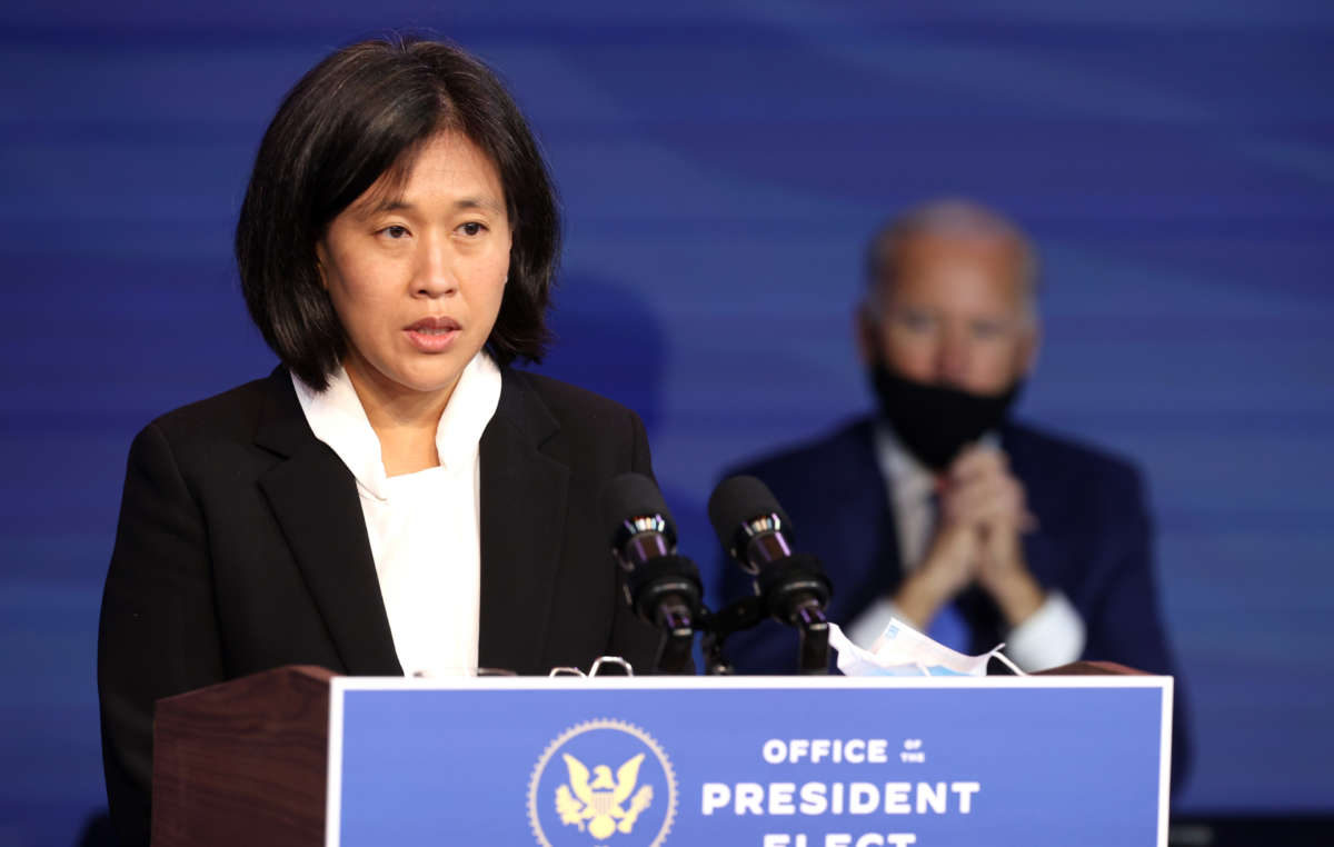 Katherine Tai delivers remarks after being introduced as President-elect Joe Biden’s nominee to be the next U.S. Trade Representative at the Queen Theater on December 11, 2020, in Wilmington, Delaware.