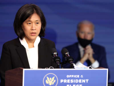 Katherine Tai delivers remarks after being introduced as President-elect Joe Biden’s nominee to be the next U.S. Trade Representative at the Queen Theater on December 11, 2020, in Wilmington, Delaware.