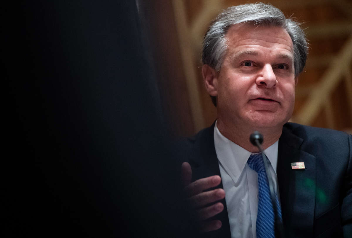 FBI Director Christopher Wray testifies during the Senate Homeland Security and Governmental Affairs Committee hearing titled Threats to the Homeland, in Dirksen Senate Office Building on September 24, 2020.