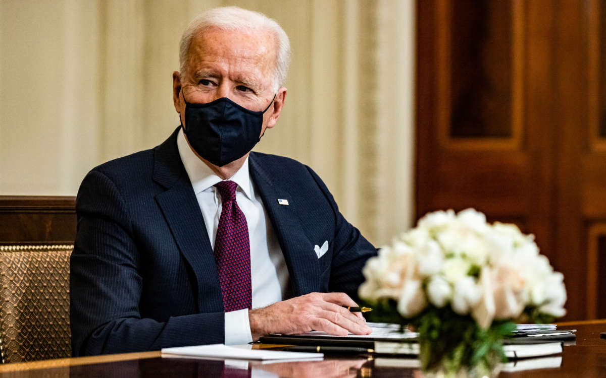 President Joe Biden listens during a roundtable meeting on March 5, 2021, in Washington, D.C.