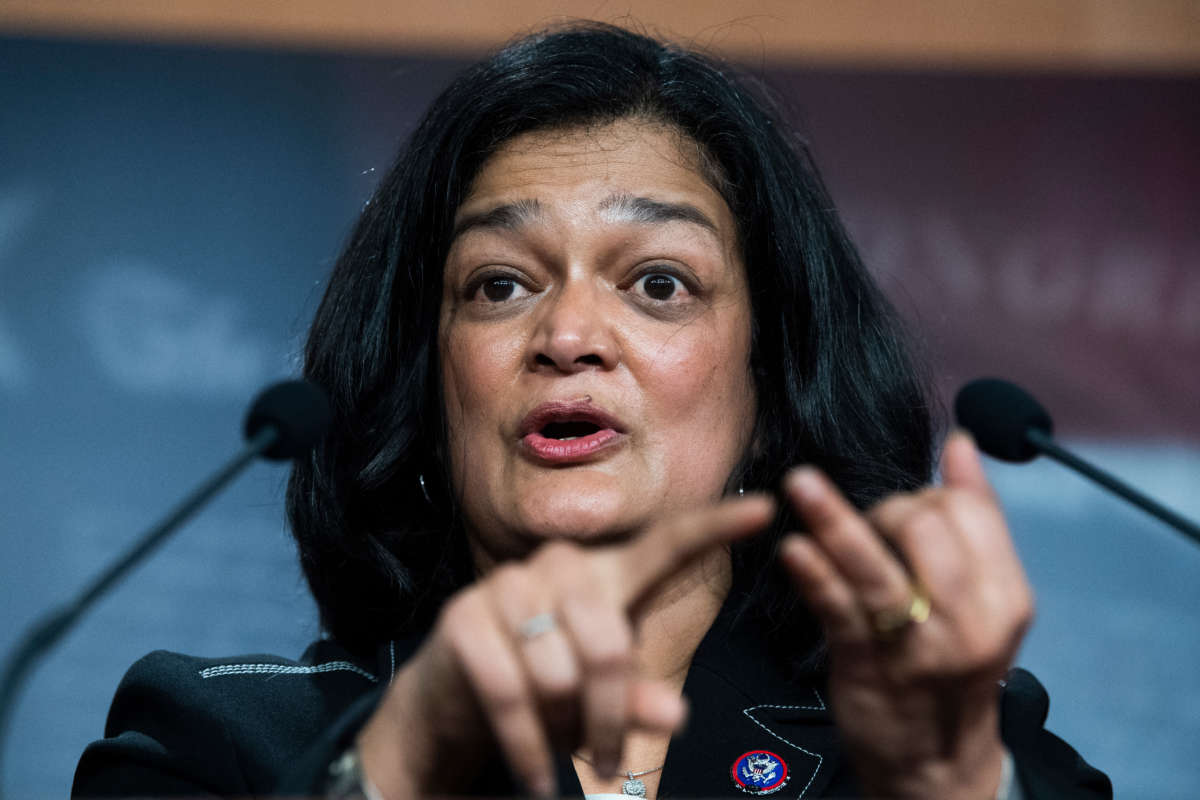 Rep. Pramila Jayapal conducts a news conference in the Capitol on March 1, 2021.