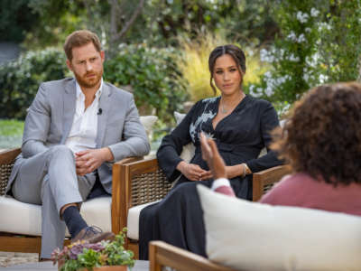 In this handout image provided by Harpo Productions and released on March 5, 2021, Oprah Winfrey interviews Prince Harry and Meghan Markle on a CBS Primetime Special airing on March 7, 2021.