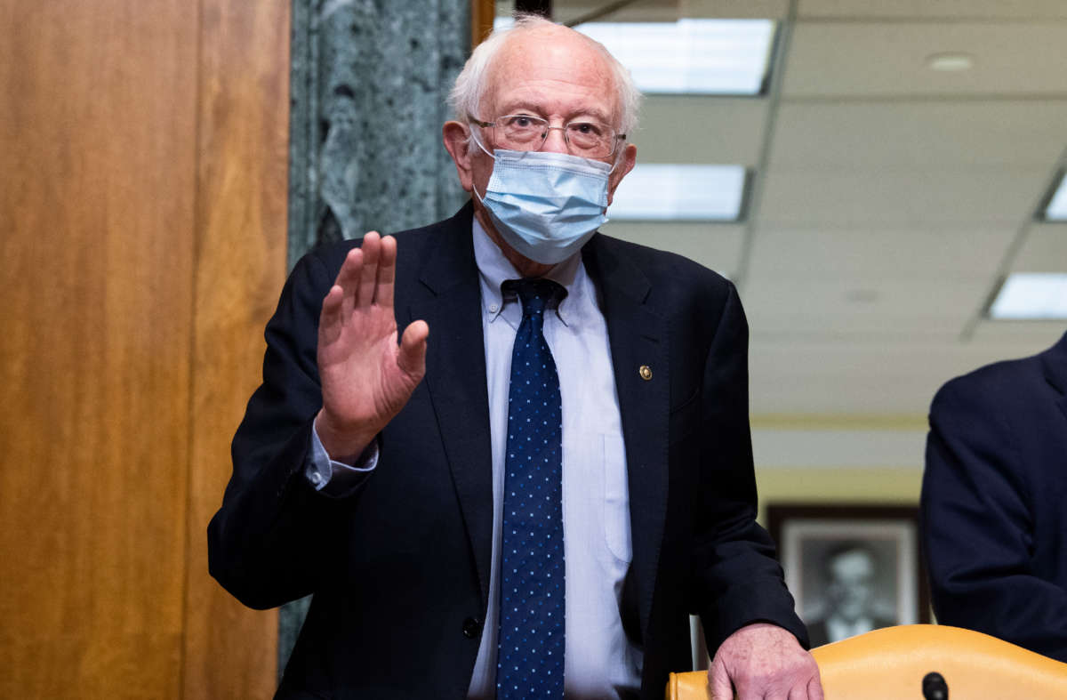 Chairman Bernie Sanders arrives for a Senate Budget Committee confirmation in Dirksen Building on March 2, 2021.