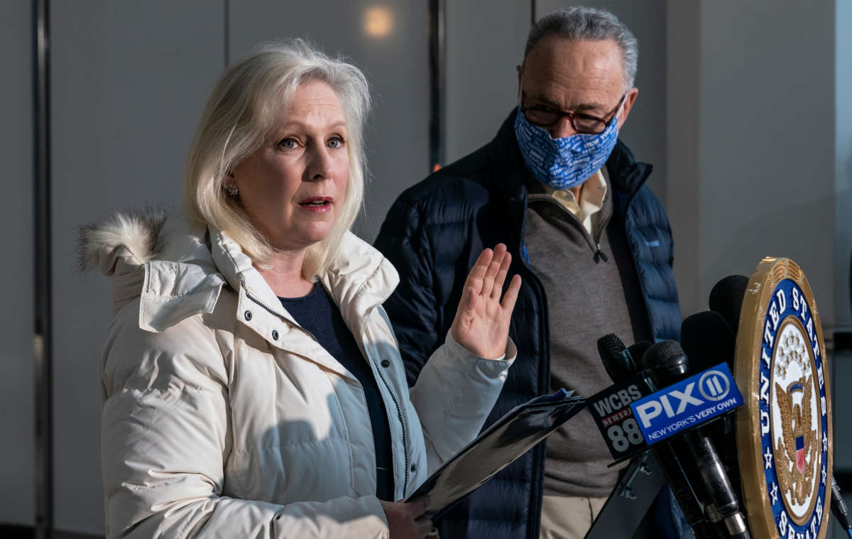 Sen. Kirsten Gillibrand speaks at joint press conference with Sen. Chuck Schumer in the lobby of 875 3rd Avenue in Manhattan on January 17, 2021.