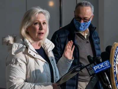 Sen. Kirsten Gillibrand speaks at joint press conference with Sen. Chuck Schumer in the lobby of 875 3rd Avenue in Manhattan on January 17, 2021.