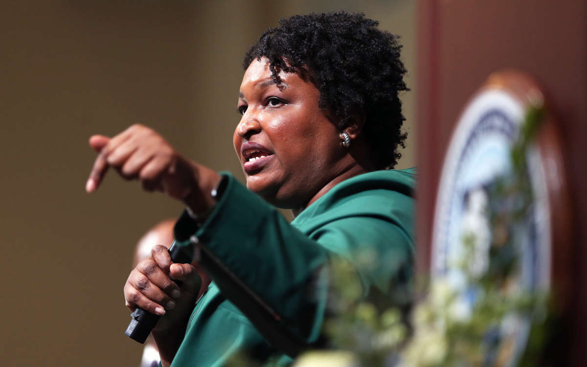 Former gubernatorial candidate for Georgia Stacey Abrams speaks at University of New England's Portland campus on January 22, 2020.