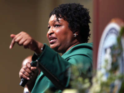 Former gubernatorial candidate for Georgia Stacey Abrams speaks at University of New England's Portland campus on January 22, 2020.