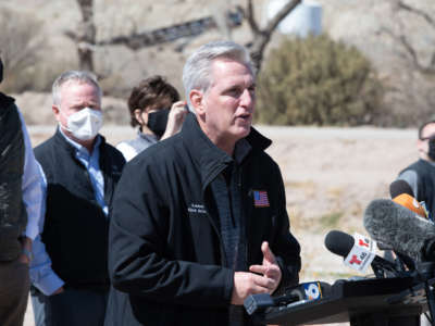 House Minority Leader Kevin McCarthy addresses the press during the congressional border delegation visit to El Paso, Texas on March 15, 2021.