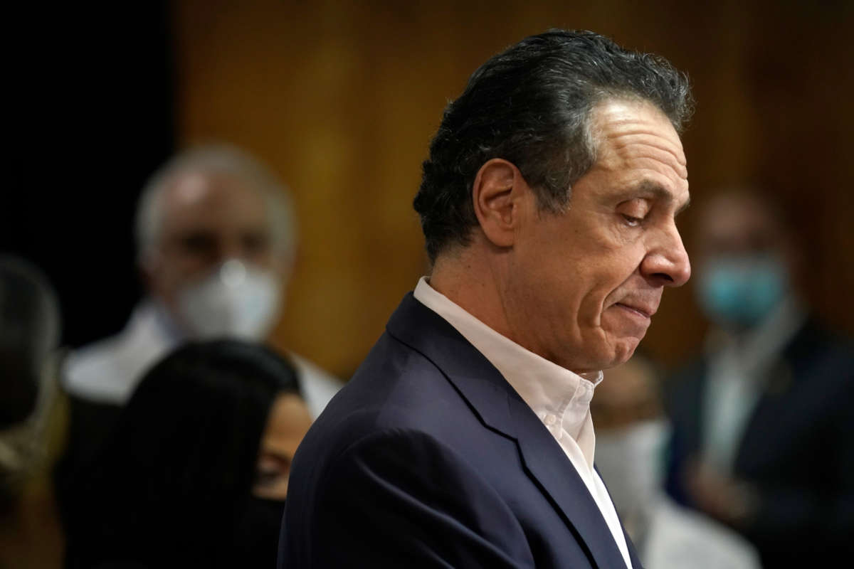 New York Gov. Andrew Cuomo speaks before getting vaccinated at the mass vaccination site at Mount Neboh Baptist Church in Harlem on March 17, 2021, in New York City.