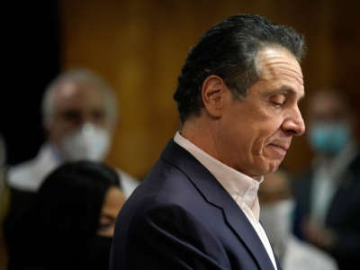 New York Gov. Andrew Cuomo speaks before getting vaccinated at the mass vaccination site at Mount Neboh Baptist Church in Harlem on March 17, 2021, in New York City.