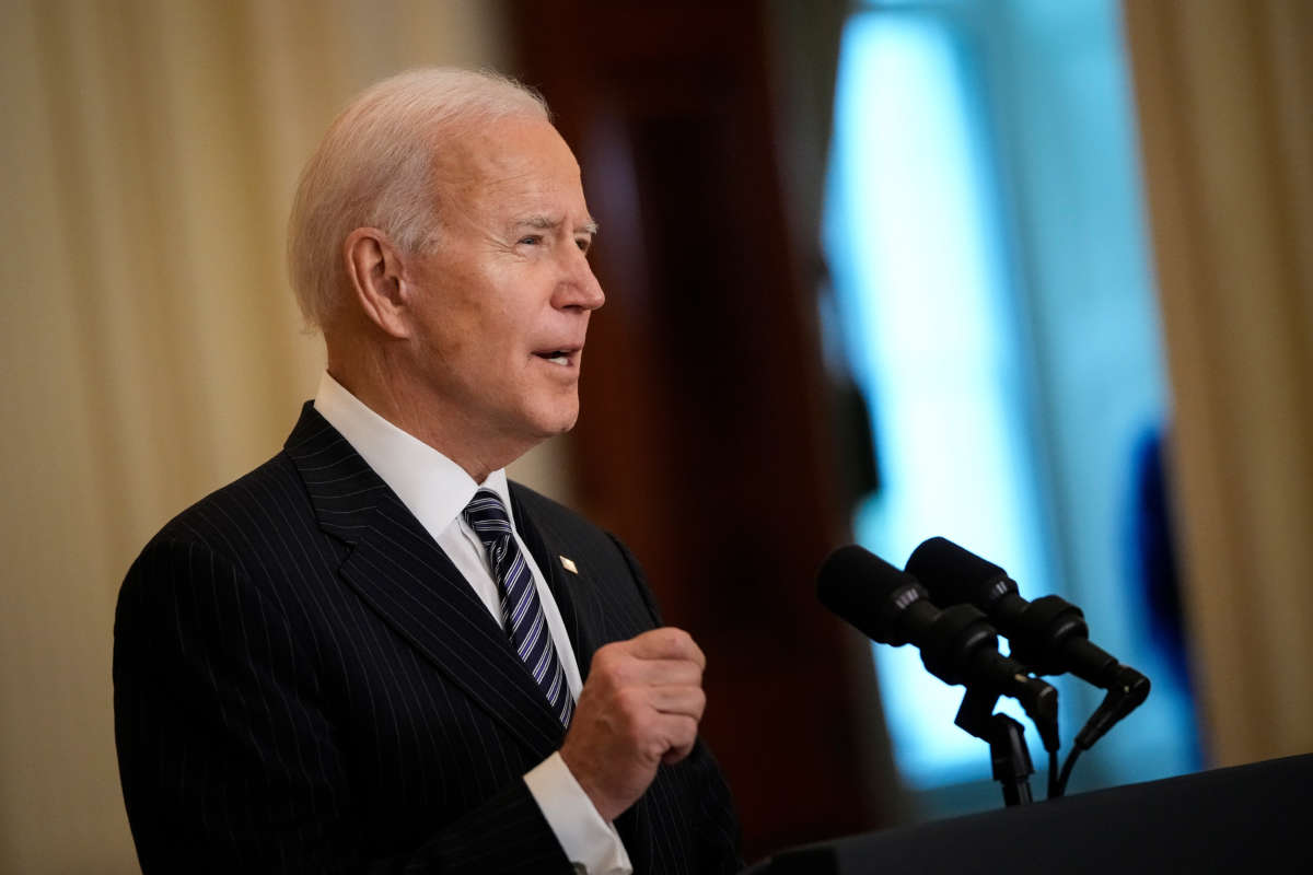 President Joe Biden speaks in the East Room of the White House on March 18, 2021, in Washington, D.C.