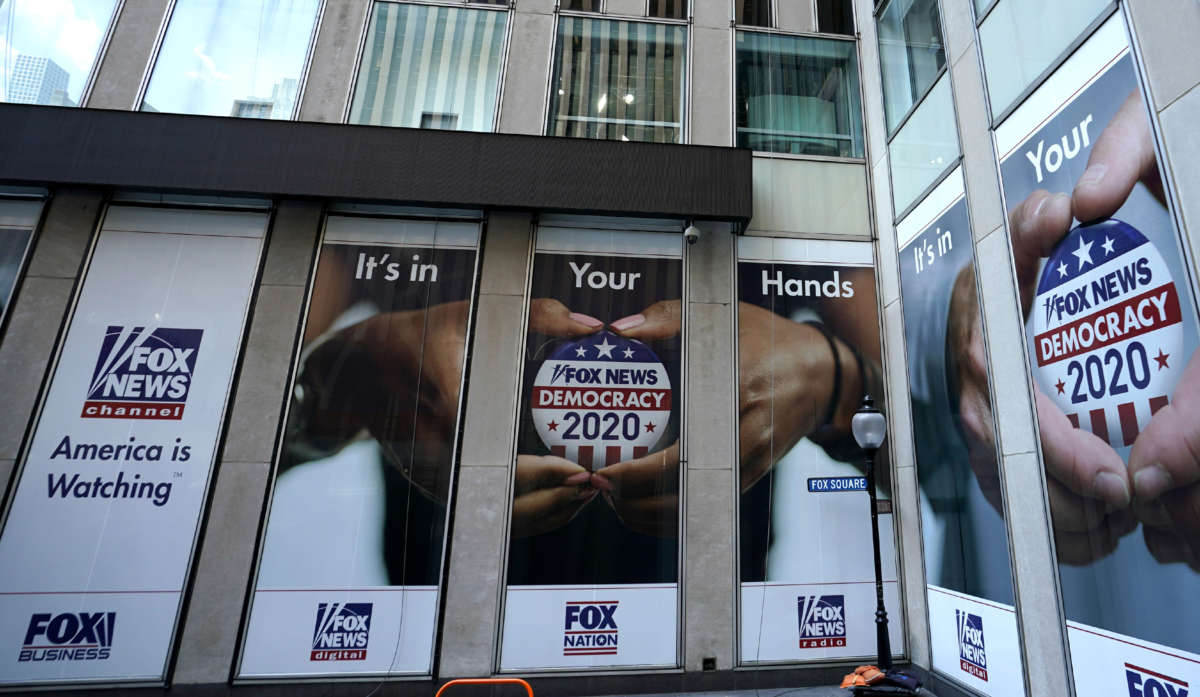 A political display is posted on the outside of the Fox News headquarters on 6th Avenue in New York on July 21, 2020.