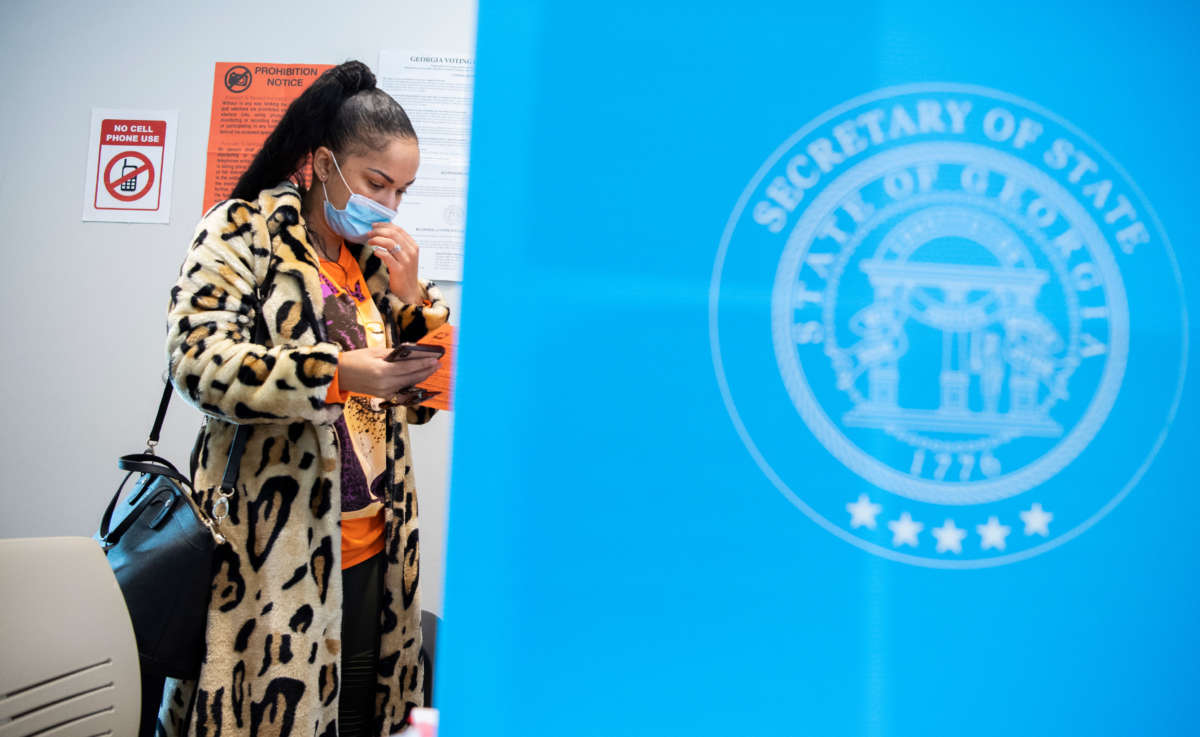 A voter is seen at the Metropolitan Library polling place on Election Day in Atlanta, Georgia, on November 3, 2020.