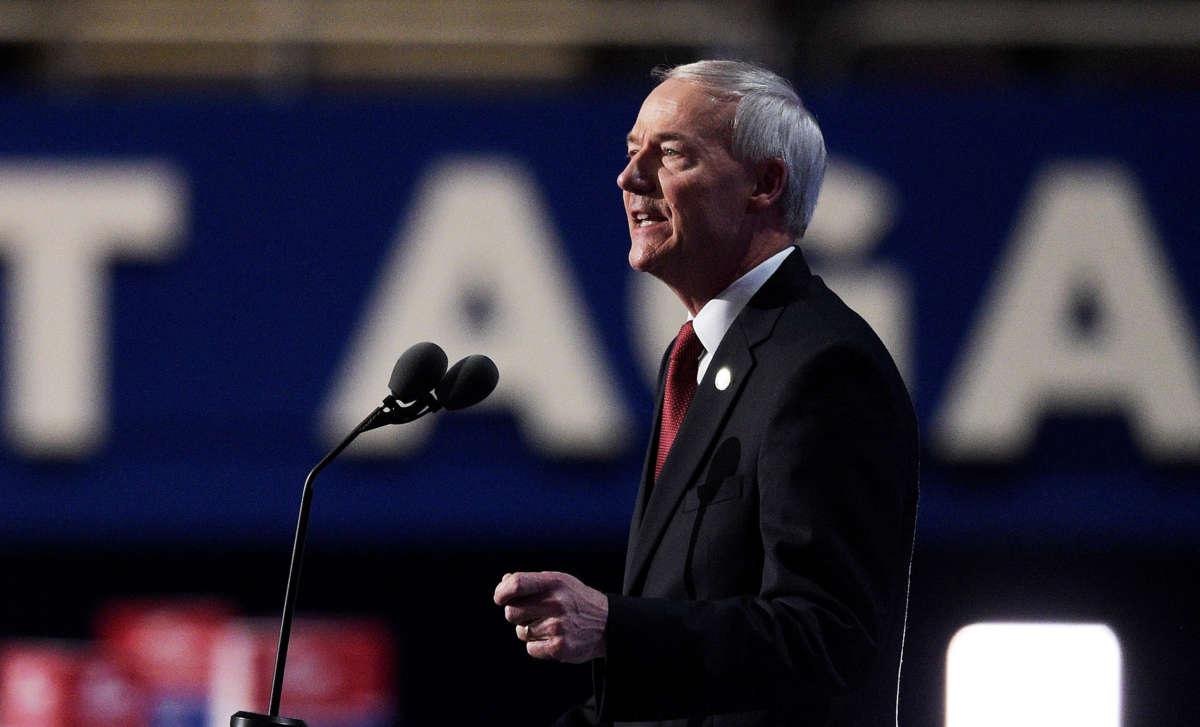 Gov. Asa Hutchinson delivers a speech on the second day of the Republican National Convention on July 19, 2016, at the Quicken Loans Arena in Cleveland, Ohio.