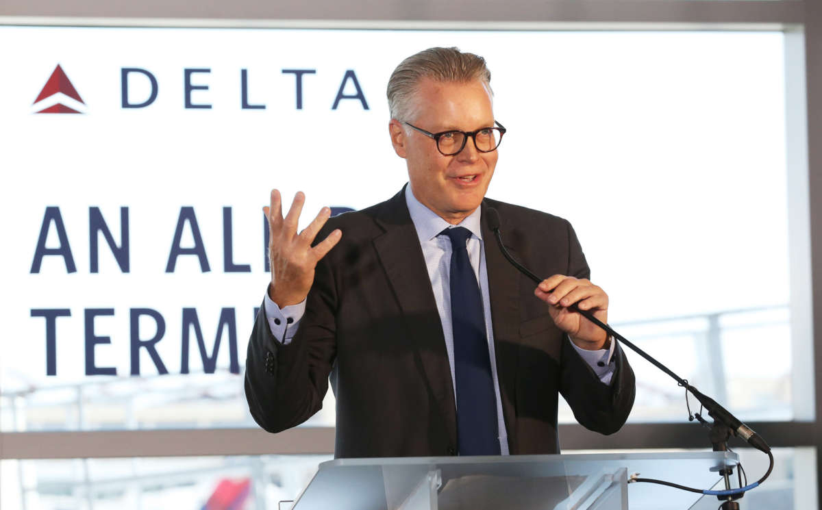 Delta CEO Ed Bastian speaks during a news conference at Logan International Airport on September 23, 2019, in Boston, Massachusetts.