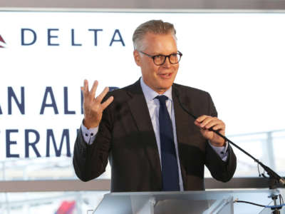 Delta CEO Ed Bastian speaks during a news conference at Logan International Airport on September 23, 2019, in Boston, Massachusetts.