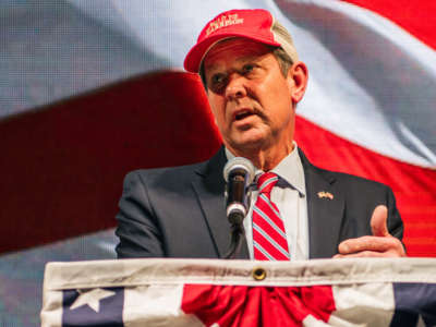 Georgia Gov. Brian Kemp speaks during a run-off election night party at Grand Hyatt Hotel in Buckhead on January 5, 2021, in Atlanta, Georgia.