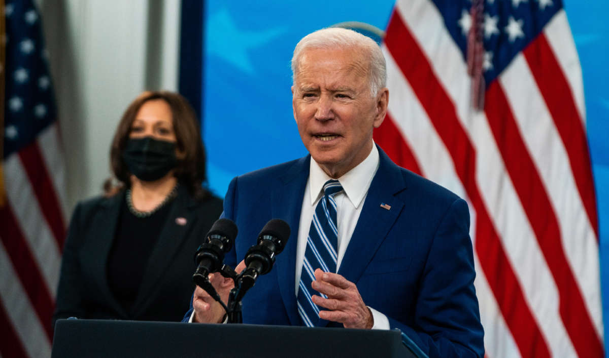 President Joe Biden and Vice President Kamala Harris speak at South Court Auditorium in the Eisenhower Executive Office Building on March 29, 2021.