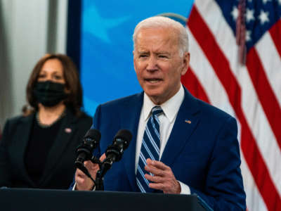 President Joe Biden and Vice President Kamala Harris speak at South Court Auditorium in the Eisenhower Executive Office Building on March 29, 2021.