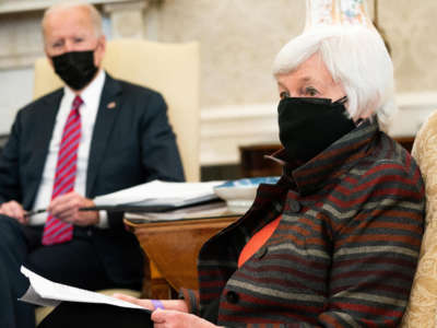 President Joe Biden meets with Treasury Secretary Janet Yellen in the Oval Office of the White House on January 29, 2021, in Washington, D.C.