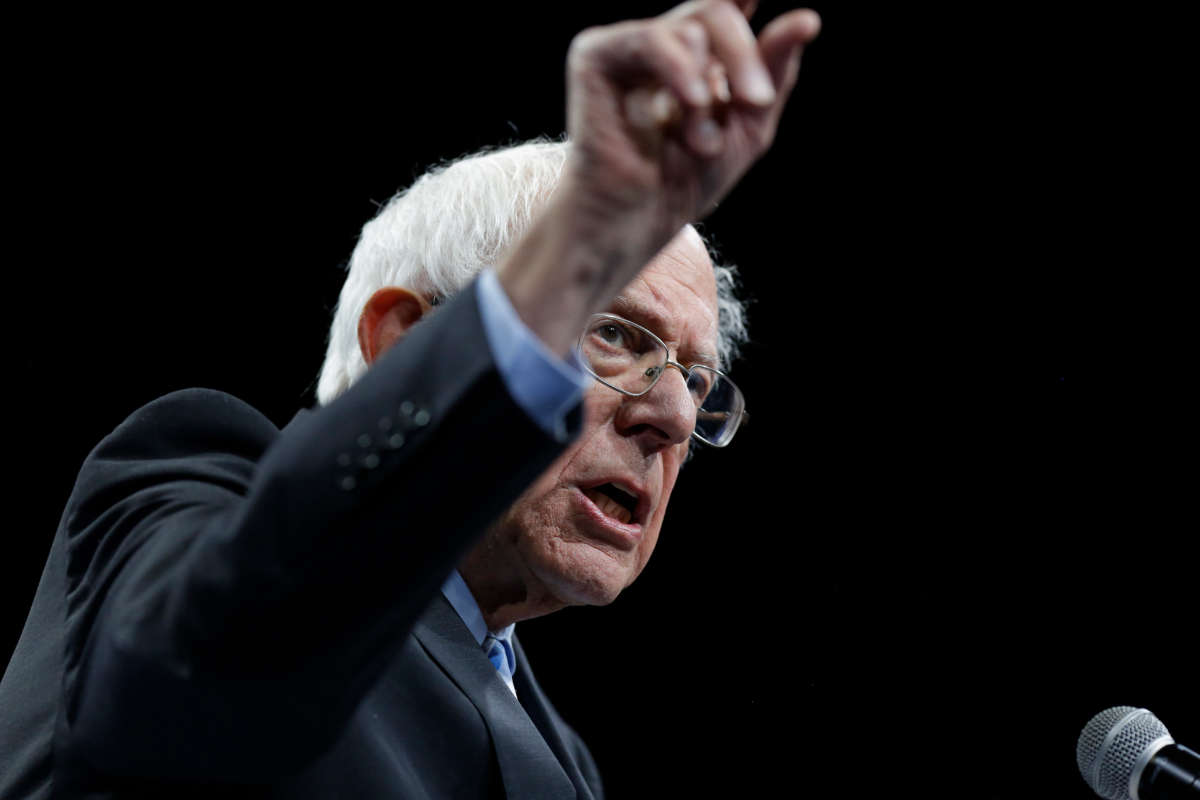 Sen. Bernie Sanders exits the stage after speaking during The Iowa Democratic Party Liberty & Justice Celebration on November 1, 2019, in Des Moines, Iowa.