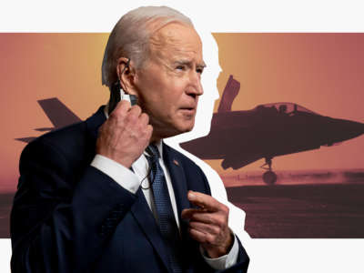 President Joe Biden unmasks with background image of F-35 taking off