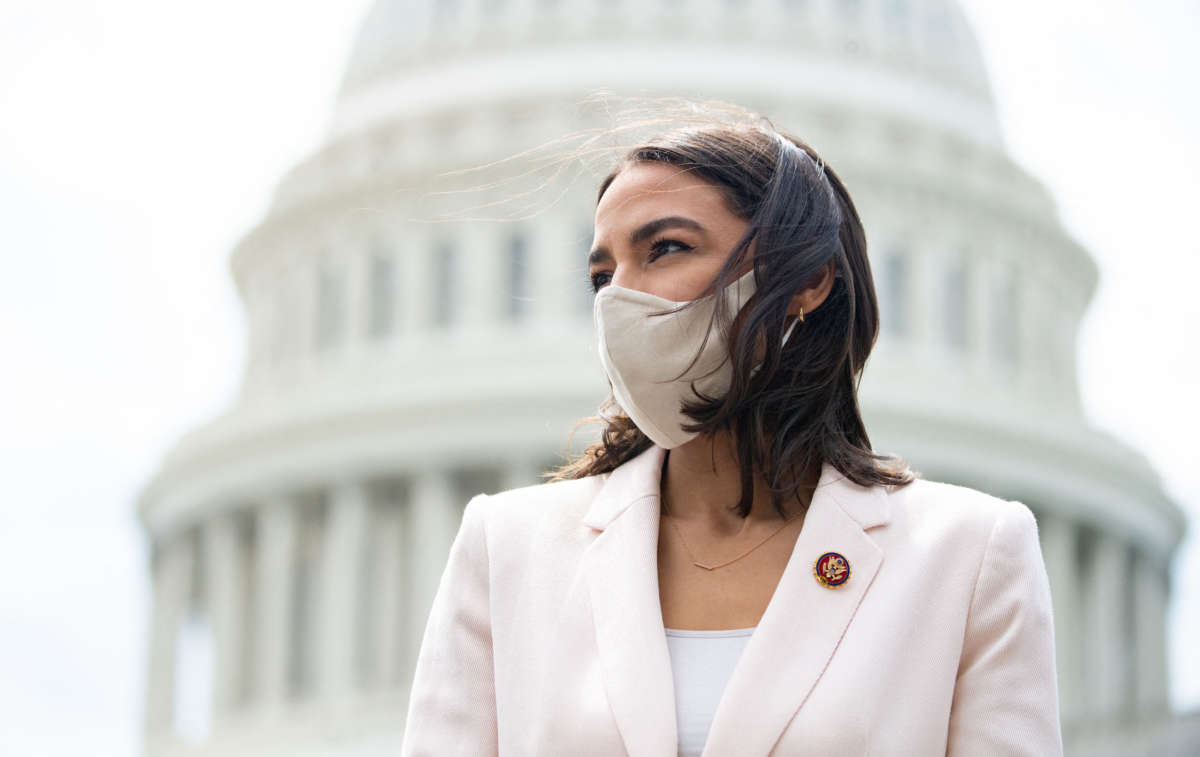 Rep. Alexandria Ocasio-Cortez attends a press conference outside the U.S. Capitol in Washington, D.C., April 15, 2021.