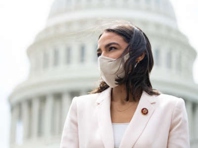 Rep. Alexandria Ocasio-Cortez attends a press conference outside the U.S. Capitol in Washington, D.C., April 15, 2021.