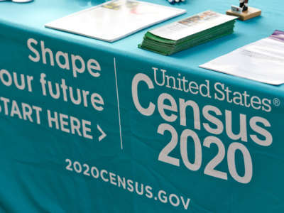 An information table for the 2020 Census is pictured outside the 3rd and Spruce Recreation Center in Reading, Pennsylvania, on September 25, 2020.