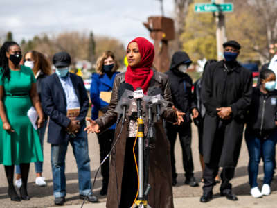 Rep. Ilhan Omar speaks during a press conference at a memorial for Daunte Wright on April 20, 2021, in Brooklyn Center, Minnesota.