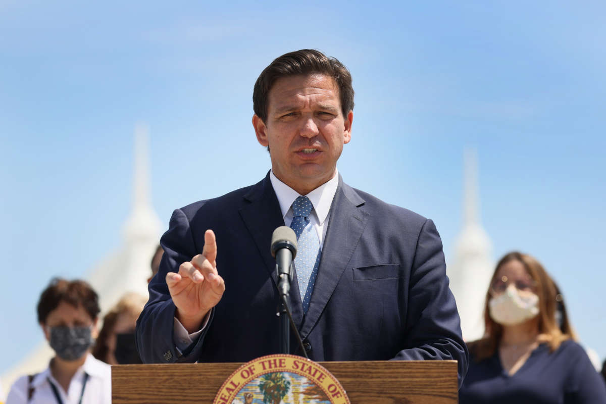 Florida Gov. Ron DeSantis speaks to the media during a press conference at PortMiami on April 8, 2021, in Miami, Florida.