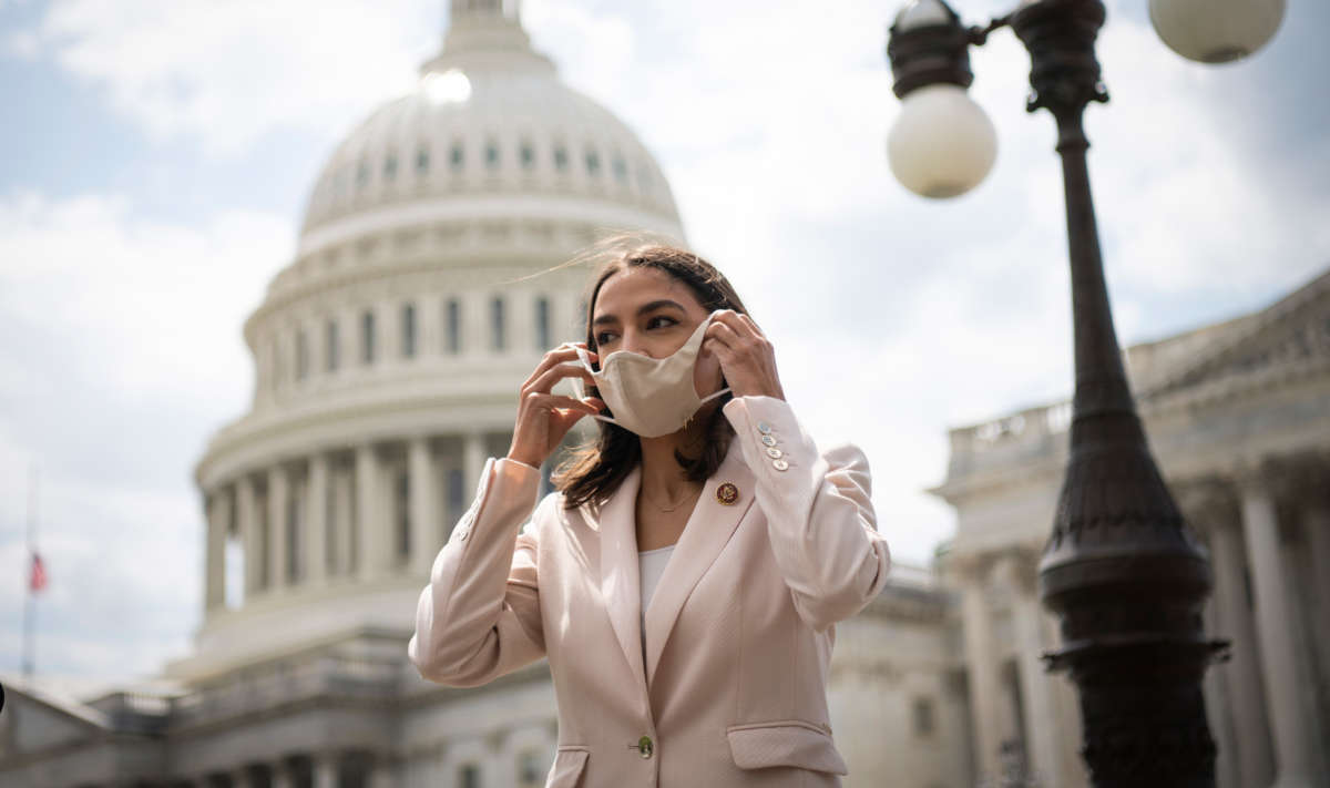 Rep. Alexandria Ocasio-Cortez attends a news conference on the East Front of the Capitol in Washington, D.C., on April 15, 2021.