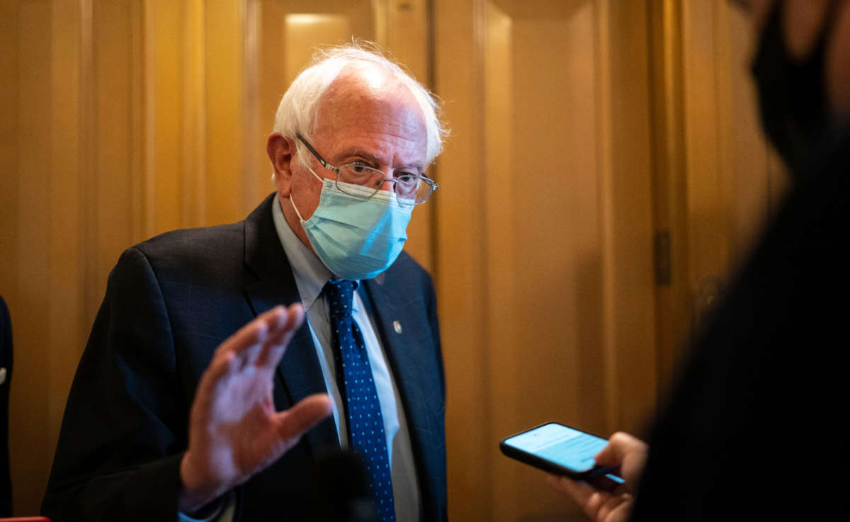 Sen. Bernie Sanders speaks to reporters at the U.S. Capitol on April 12, 2021, in Washington, D.C.