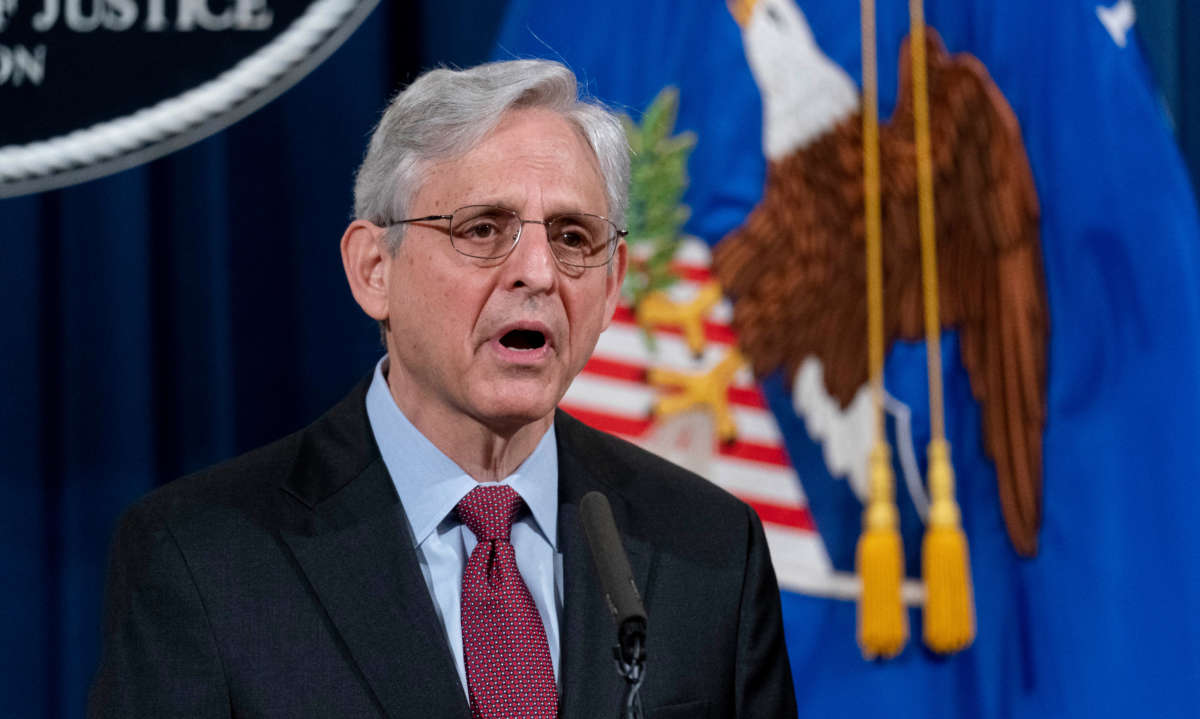 Attorney General Merrick Garland speaks at the Department of Justice on April 21, 2021, in Washington, D.C.