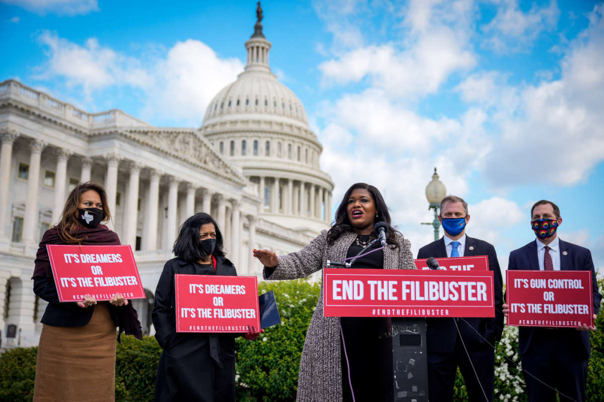 Rep. Cori Bush speaks during a news conference to advocate for ending the Senate filibuster, outside the U.S. Capitol on April 22, 2021, in Washington, D.C.