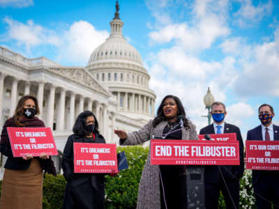 Rep. Cori Bush speaks during a news conference to advocate for ending the Senate filibuster, outside the U.S. Capitol on April 22, 2021, in Washington, D.C.