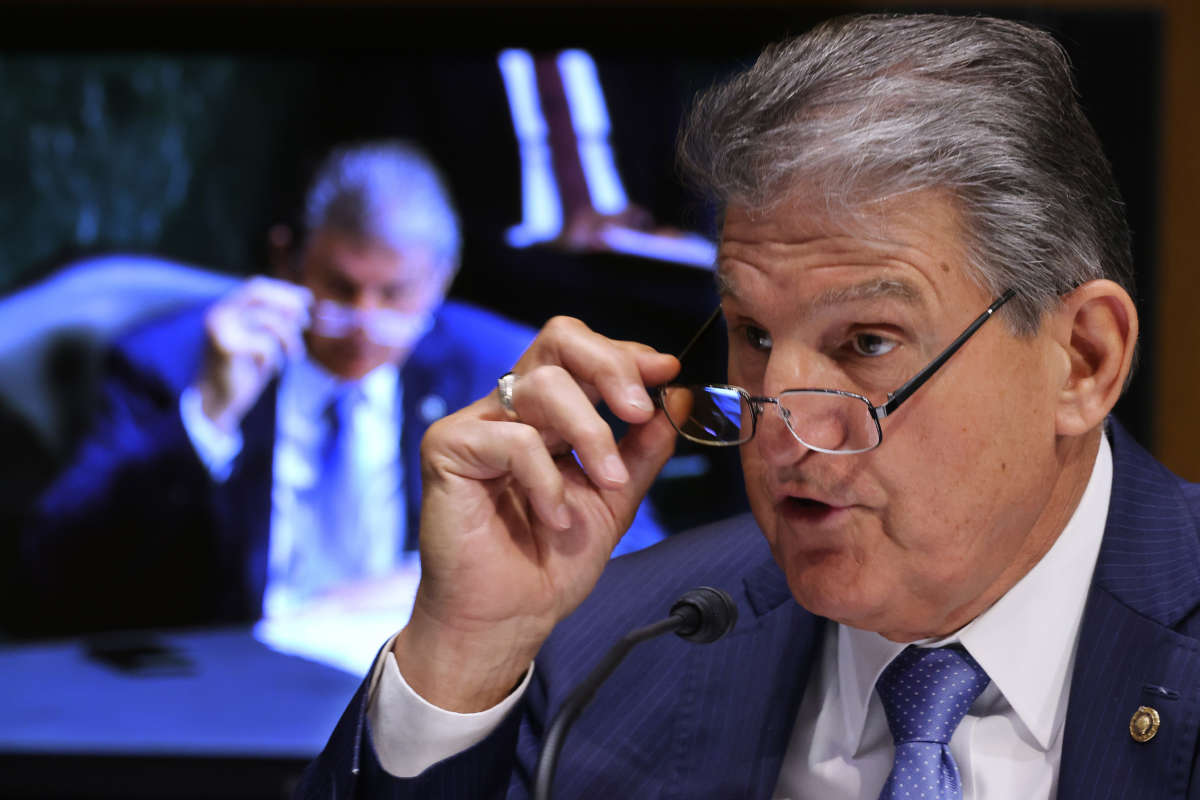 Sen. Joe Manchin questions members of the Biden administration during a hearing in the Dirksen Senate Office Building on Capitol Hill on April 20, 2021, in Washington, D.C.