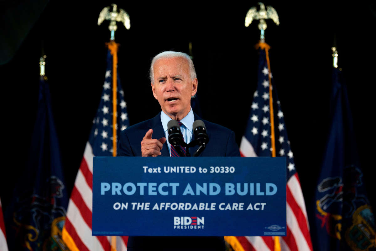 Then-presidential candidate Joe Biden delivers remarks after meeting with Pennsylvania families who have benefited from the Affordable Care Act on June 25, 2020, in Lancaster, Pennsylvania.