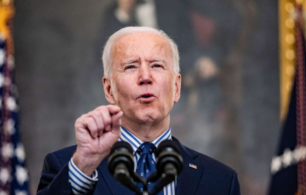 President Joe Biden speaks from the State Dining Room following the passage of the American Rescue Plan in the U.S. Senate at the White House on March 6, 2021, in Washington, D.C.