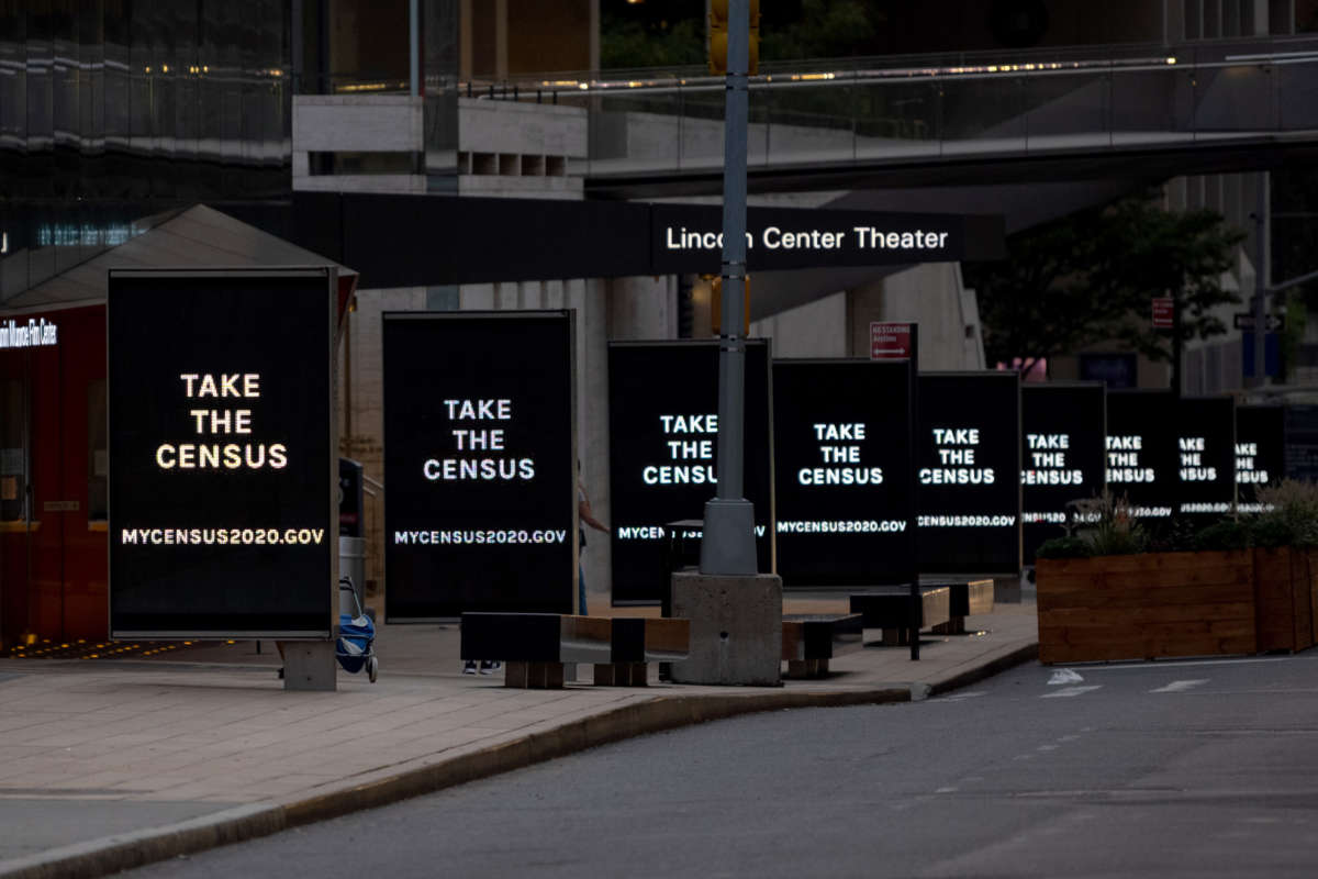 "Take the Census" signs are displayed on digital billboards at Lincoln Center for the Performing Arts on September 9, 2020, in New York City.