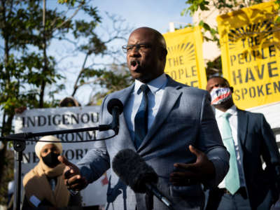 Then-Rep.-elect Jamaal Bowman speaks during a news conference with other Democrat members of Congress outside of the Democratic National Headquarters in Washington, D.C., on November 19, 2020.