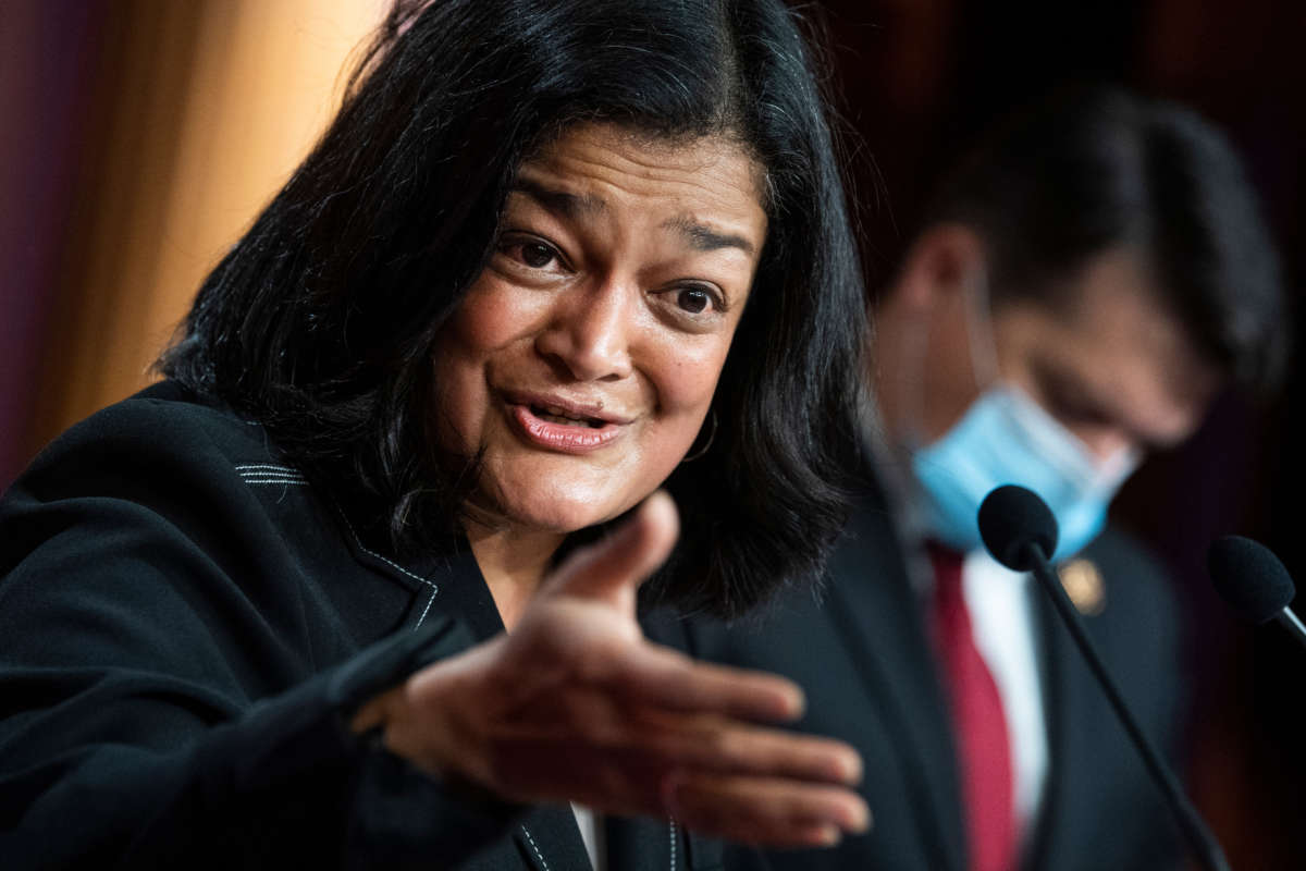 Rep. Pramila Jayapal conducts a news conference in the Capitol on March 1, 2021.