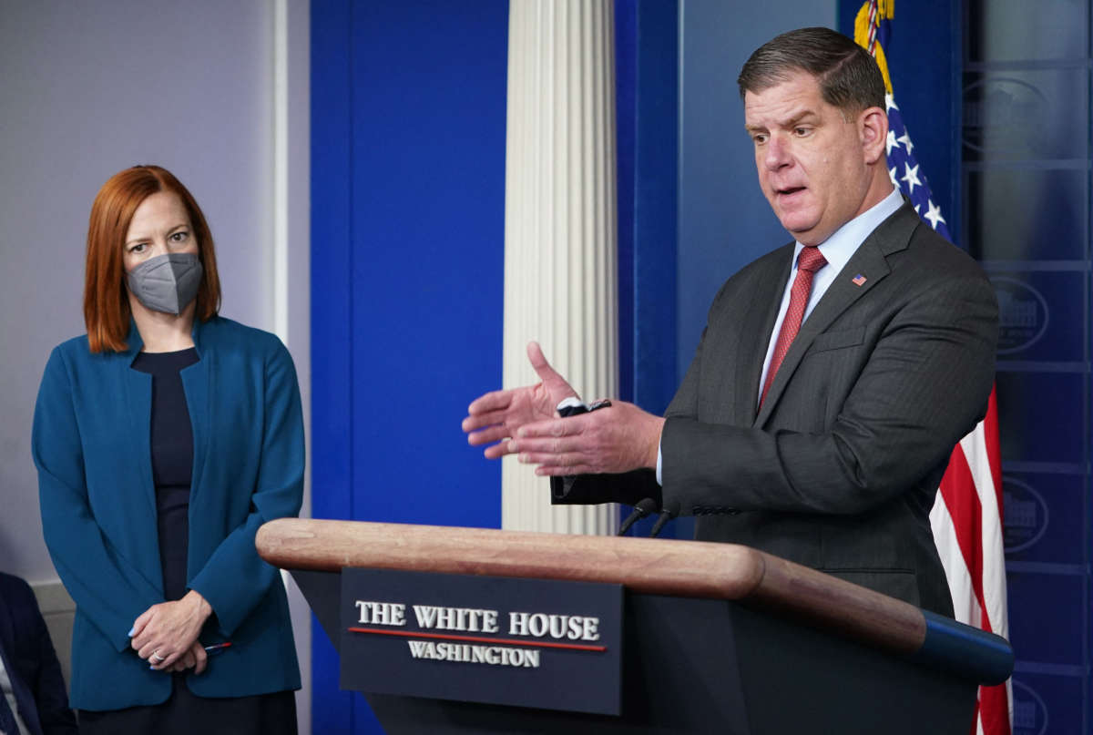Secretary of Labor Marty Walsh, with White House Press Secretary Jen Psaki, speaks during the daily press briefing on April 2, 2021, in the Brady Briefing Room of the White House in Washington, D.C.